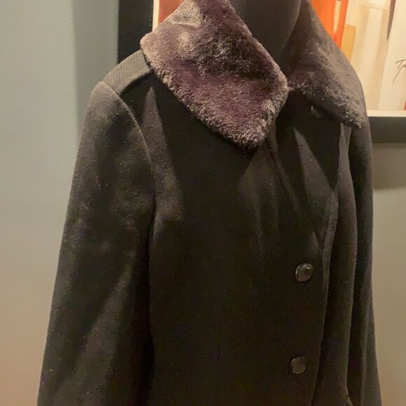 Talbots black wool blend detachable faux fur collar coat, size 14 - Picture 3 of 12